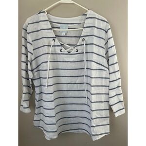 Coastal Sunday Striped Lace Up V Neck Linen Blend Top Nautical Boho Preppy